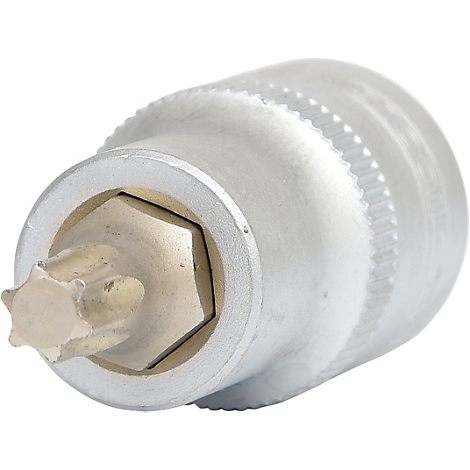 Nahaufnahme eines metallenen Torx-Bit-Einsatzes. Silberfarbenes Werkzeug mit Sternform und Sechskant-Basis.